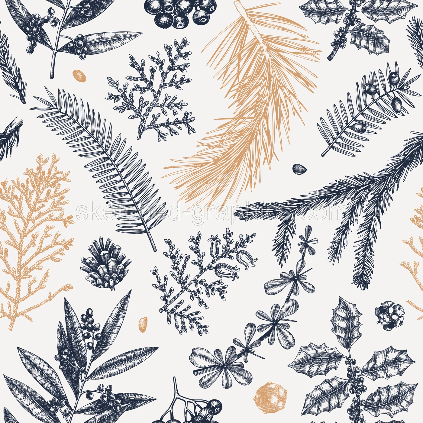 Merry Christmas seamless pattern. With vintage winter flowers, evergreen, conifers plants. Vector design with hand drawn botanical elements.  For wrapping paper, greeting cards, banners, packaging. Illustration